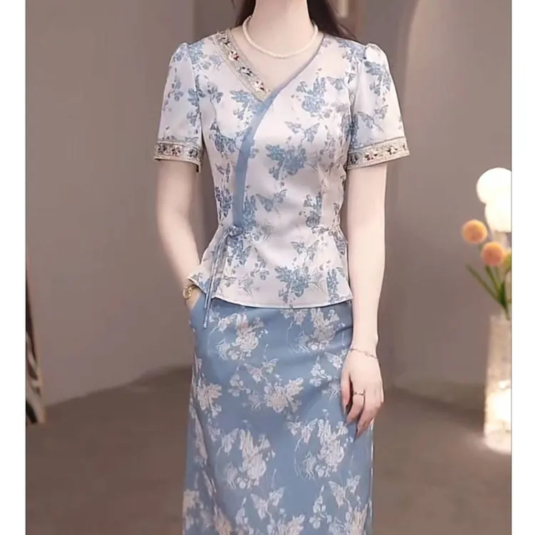 高级织锦提花缎国风盘扣套装礼服裙2025夏季新款修身显瘦俩件套女