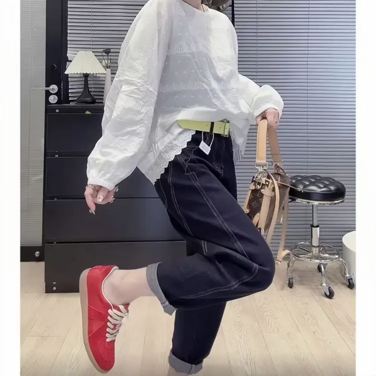 飞芊娅春季新款爆款高腰直筒牛仔裤女时尚百搭宽松显瘦九分哈伦裤