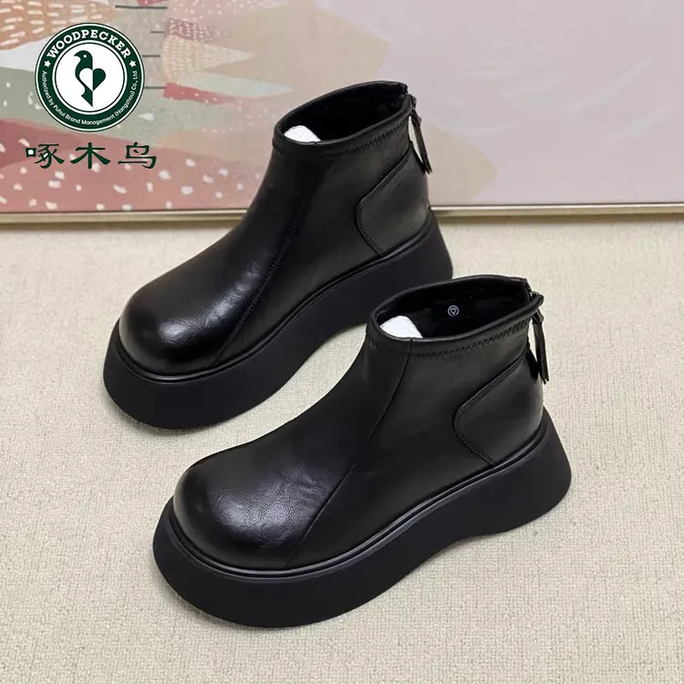 啄木鸟厚底丑萌大头马丁靴女后拉链加绒短靴秋冬新款英伦风女靴
