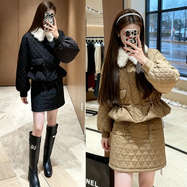 菱格毛领短款时尚韩版小香风棉服收腰外套+半身裙两件套装A1591