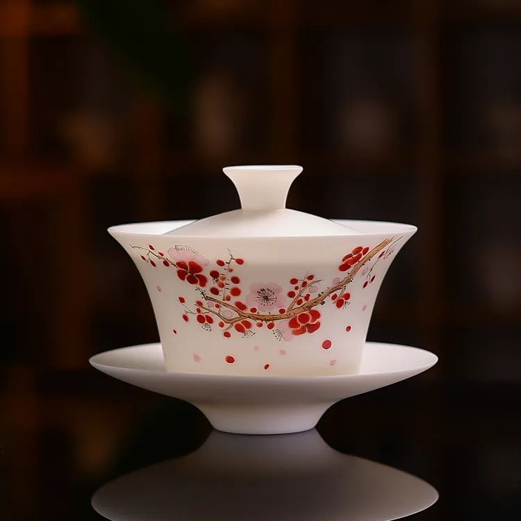 纤云系列/羊脂玉瓷甘蔗素/寒梅/三才防烫视频盖碗白瓷茶具/120ML