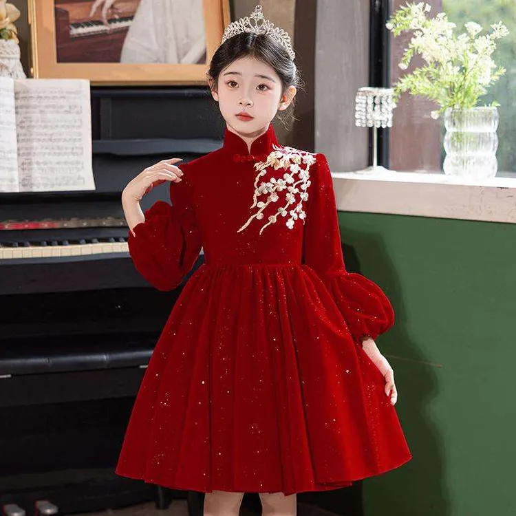 霸斯图红色冬季诗歌朗诵女童旗袍礼服裙小女孩表演服装儿童唐装拜