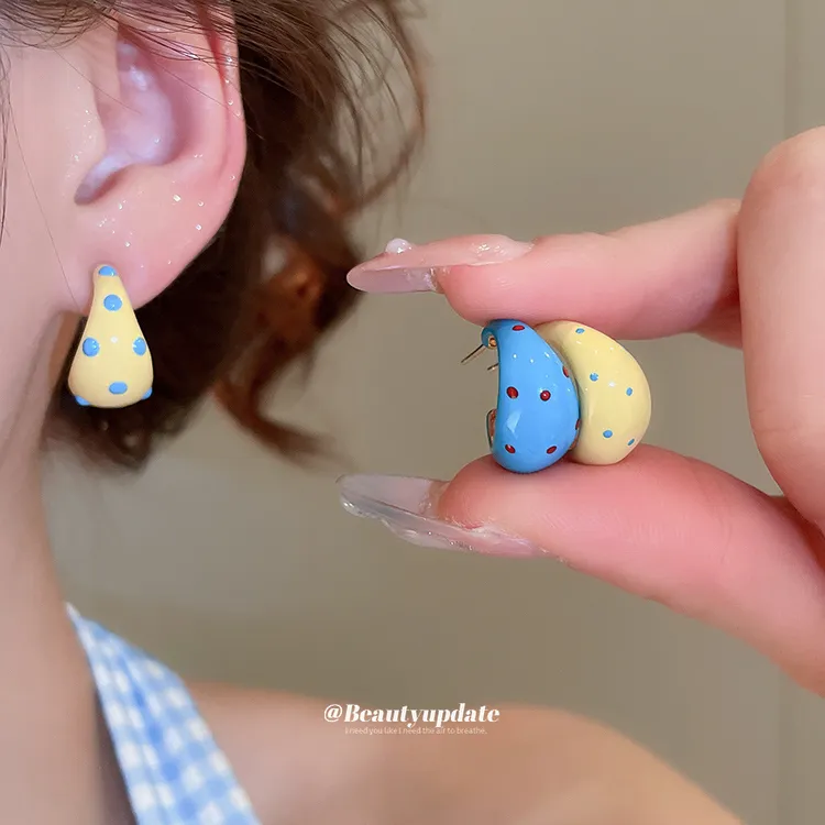 925银树脂耳饰 银针滴油斑点c形耳环新款百搭耳钉感气质耳饰