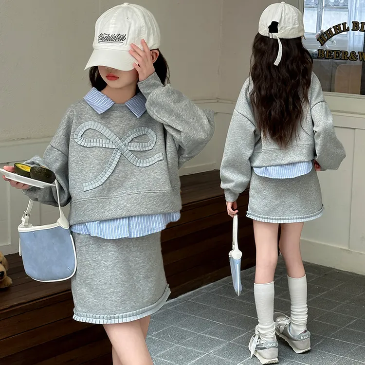 女童套装春装2025新款洋气休闲蝴蝶结卫衣衬衫大童百搭时髦半身裙