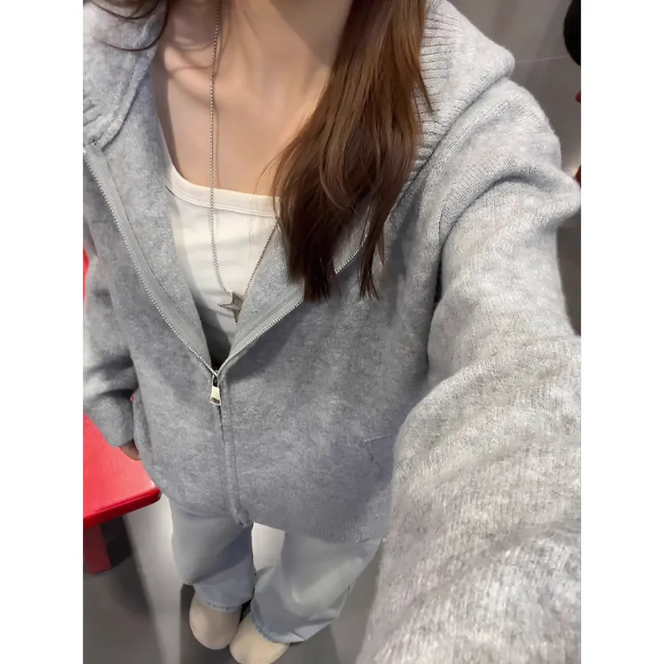 高级感灰色拉链连帽毛衣男女秋季慵懒松弛感外套美式开衫叠穿上衣
