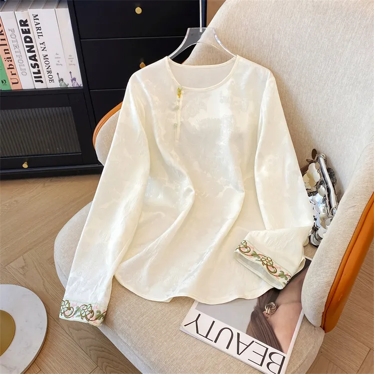 新中式国风上衣春季新款圆领系扣提花刺绣高级感复古气质女士衬衫