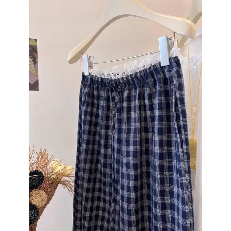 薄款蕾丝花边复古格子裤女夏季新款高腰宽松显瘦慵懒风直筒阔腿裤