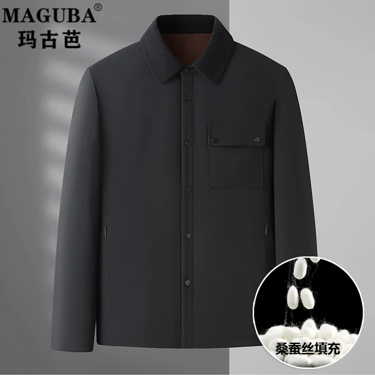 玛古芭男装秋冬新款中老年棉服男士棉衣翻领商务休闲加棉夹克外套