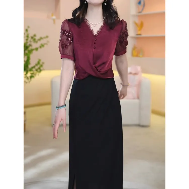 高级冰丝缎气质阔太太优雅礼服裙2025夏新款喜婆婆时尚减龄连衣裙