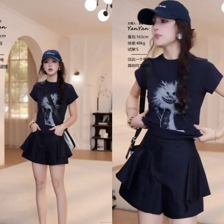 洋气衣服2025夏季新款卡通抽象小龙短袖T恤显瘦裙裤气质套装