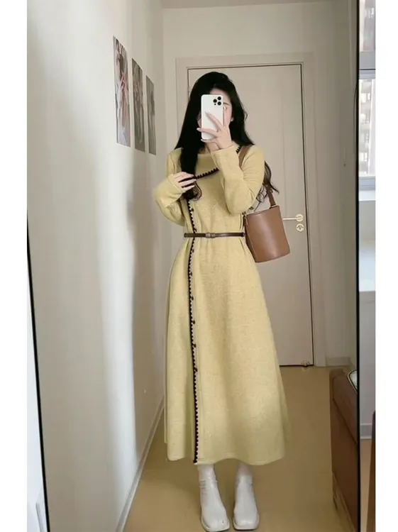 法式绝美气质复古翻领长袖连一起女装2026春季新款千金风显瘦长裙