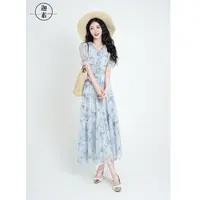 迦素JIASU夏季新款订制蓝色短袖气质复古印花套装S472