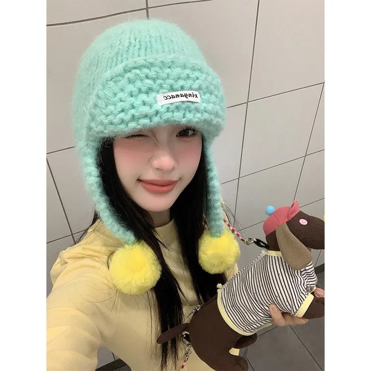 可爱绿色针织毛球护耳帽女秋冬季韩系飞行帽毛线帽保暖雷锋帽子潮
