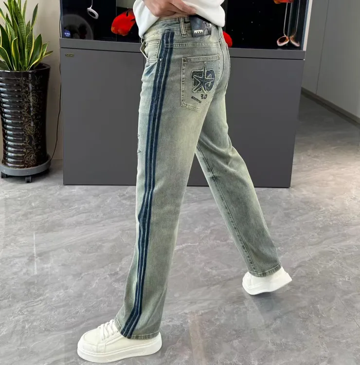 男款裤子夏季裤子薄款舒适直筒裤男潮流个性五角星字母刺绣长裤男