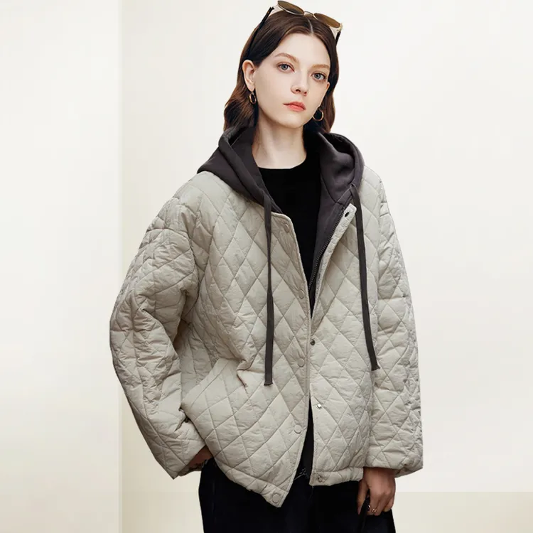 QOOEL时尚菱形格子连帽外套2025冬季新款休闲宽松减龄设计感上衣