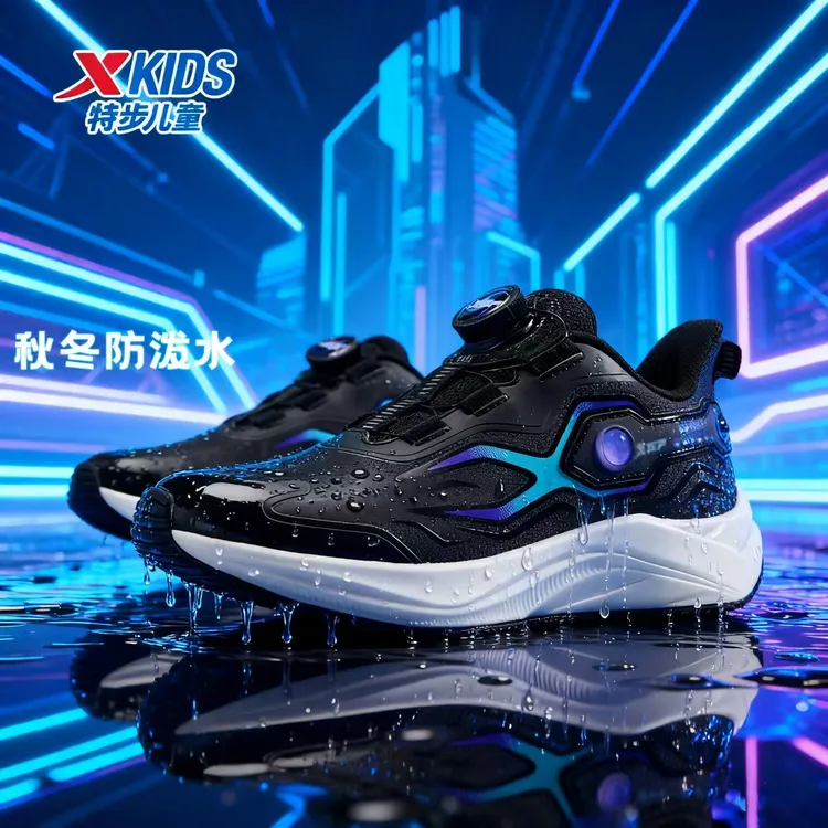 特步儿童秋季新款皮面旋钮轻跑鞋大童休闲百搭运动鞋675415119317