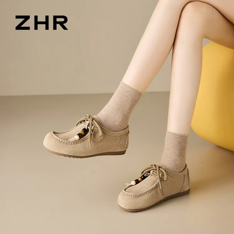 ZHR袋鼠鞋女2025秋季新款一脚蹬通勤串珠单鞋复古软底全包勃肯鞋