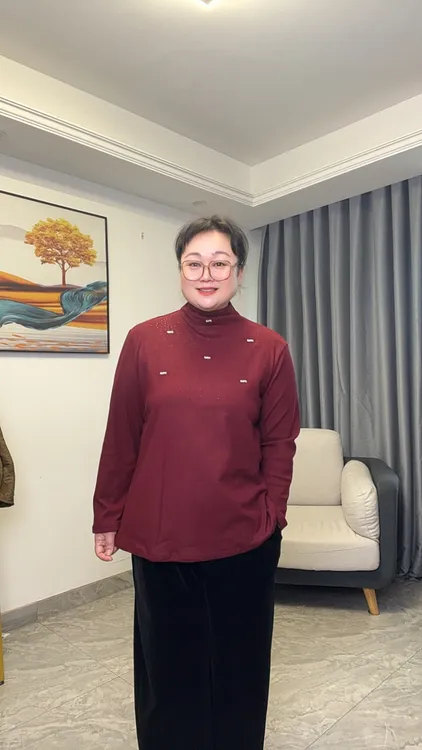 半高领纯色弹力长袖烫钻字母打底衫妈妈装弹力内搭上衣