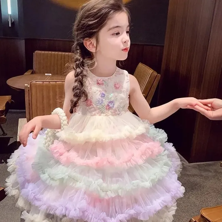 女童公主裙小女孩蛋糕裙夏装2025新款无袖连衣裙洋气儿童蓬蓬纱裙