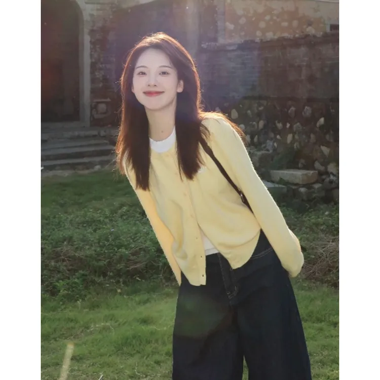 奶黄色假两件针织开衫上衣女春秋季韩系穿搭设计感百搭长袖毛衣潮