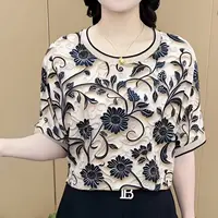 夏季新款复古花纹圆领短袖T恤女装