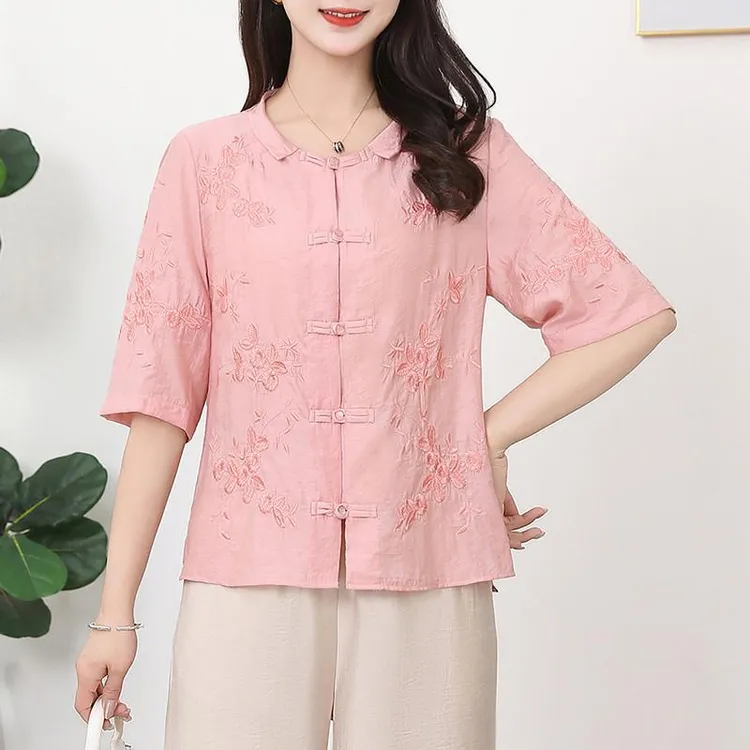 2025年夏装短袖绣花上衣搭配阔腿裤两件套洋气新中式妈妈套裤女潮