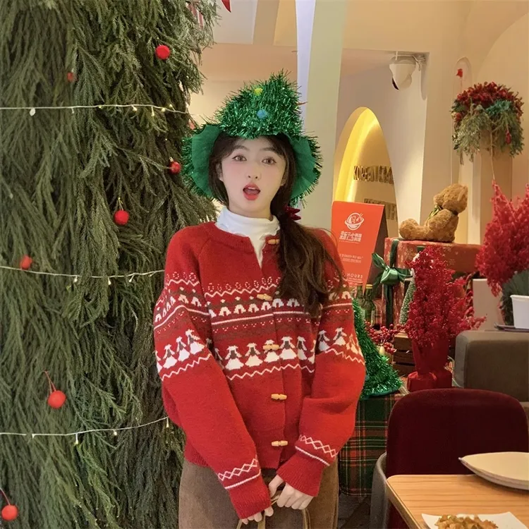 新年氛围感费尔岛针织开衫女秋冬季慵懒风软糯牛角扣毛衣外套上衣