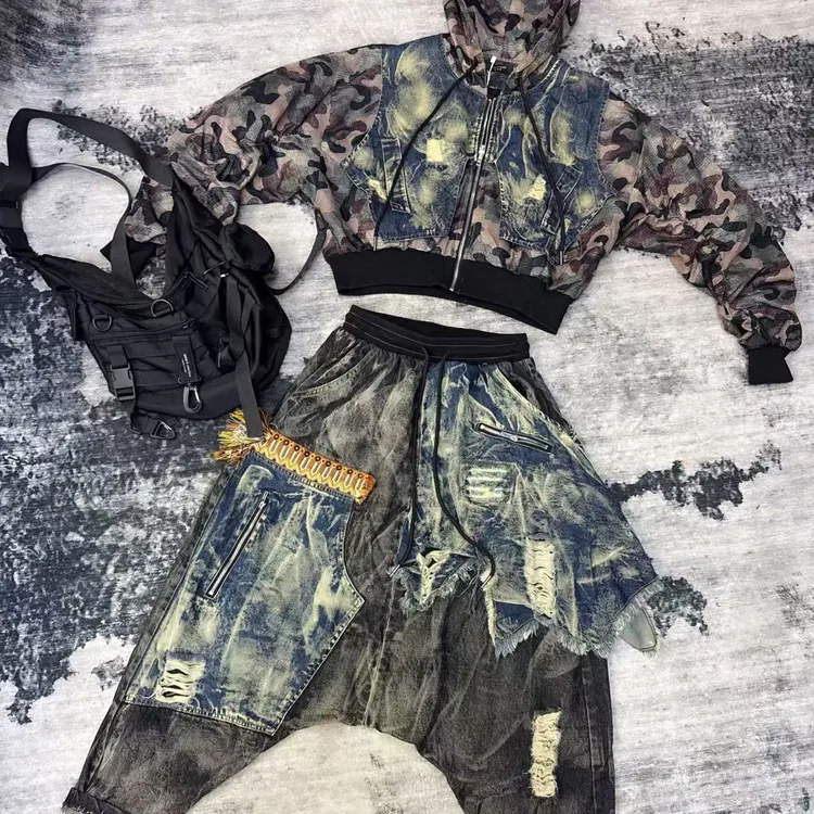 金港湾最新春秋款嘻哈风时尚牛仔拼接大哈裤短款外套