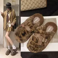 【万达清仓】包头豹纹毛毛拖鞋女秋冬外穿2025网红加绒加厚棉鞋1-3