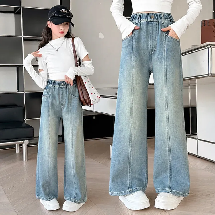 女童牛仔阔腿裤春秋款2025新款儿童长裤中大童直筒裤洋气休闲裤子