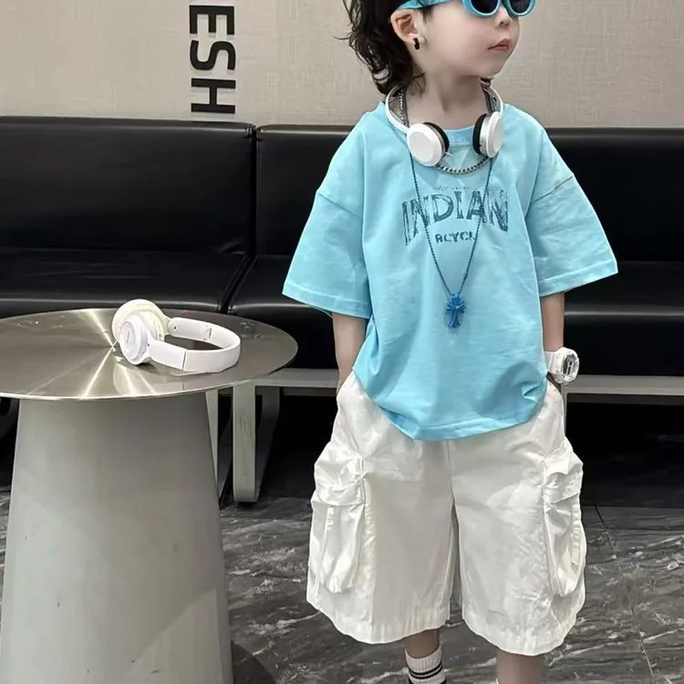男童套装男孩穿搭套装夏季儿童印花美式短袖t恤宽松七分裤两件套