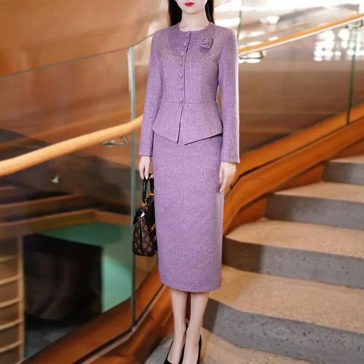 灰紫色羊毛连衣裙女2025冬季高端品质时尚通勤小香风包臀裙1865