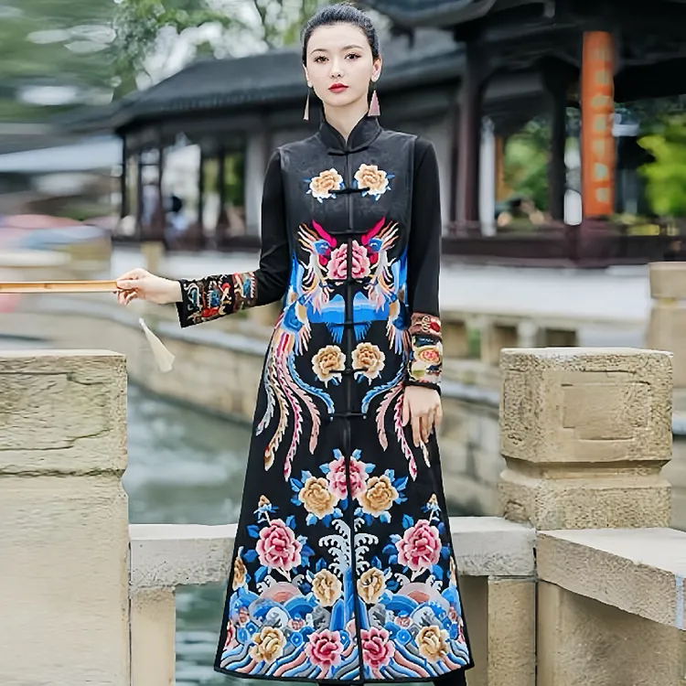 马甲长款立领刺绣秋冬中国风马夹宽松型厚款修身型