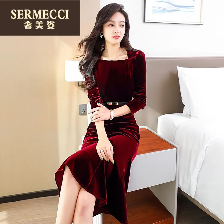 奢美姿时尚酒红色连衣裙女气质高级感2025年秋冬新款裙子