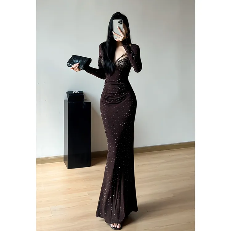 纯欲风性感豹纹撞色连衣裙女长袖烫钻包臀显瘦鱼尾裙设计感长裙