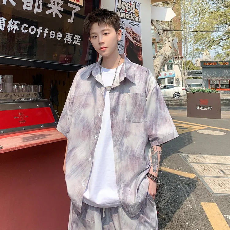 紫色男2025夏季美式扎染印花冰丝凉感短袖碎花衬衫短裤两件薄套装