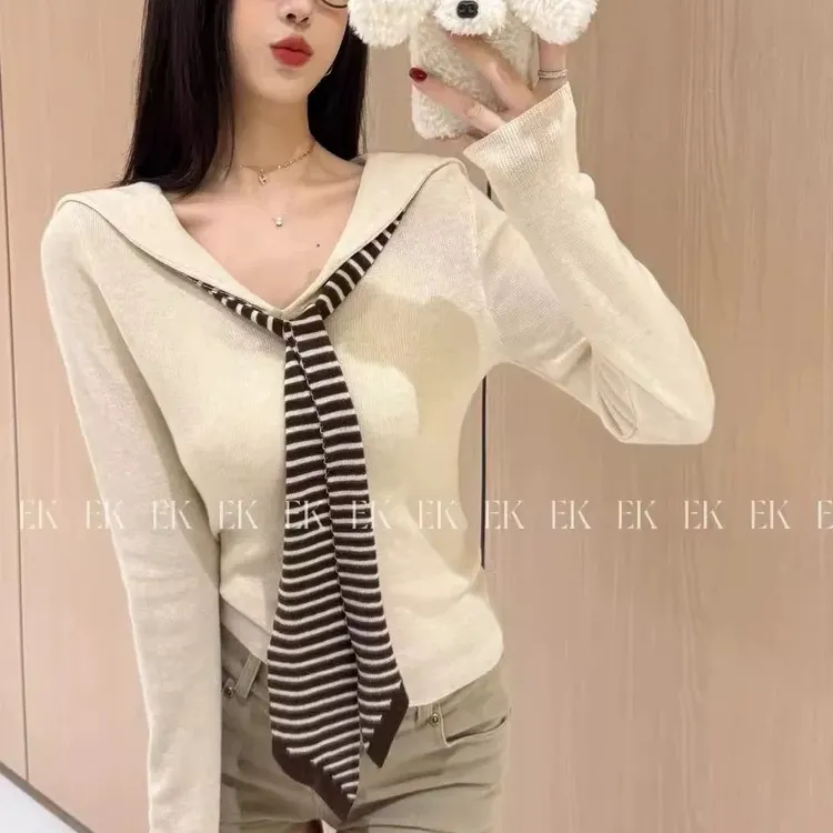 2025早秋韩系宽松假两件海军领撞色披肩长袖短款针织学生毛衣开衫