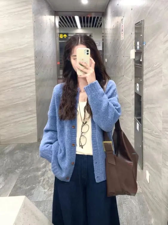 2025秋季新款韩系气质休闲慵懒风针织开衫高腰显瘦阔腿牛仔裤套装