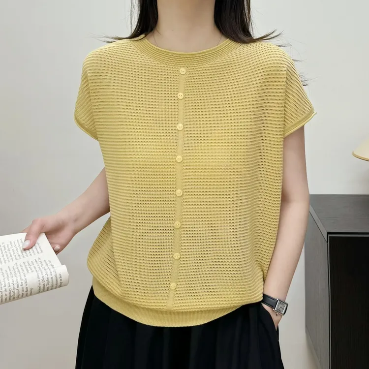 【正品现货】天丝圆领短袖薄款针织衫夏季女士显瘦气质时尚纯色上衣