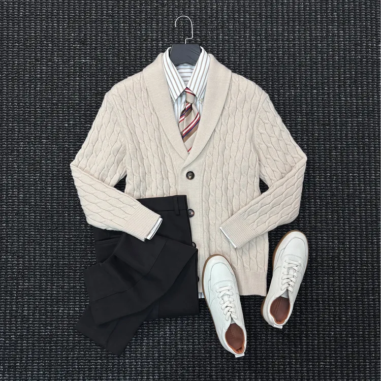Gracefo高定绅士青果领羊毛混纺麻花休闲针织开衫男士毛衣外套
