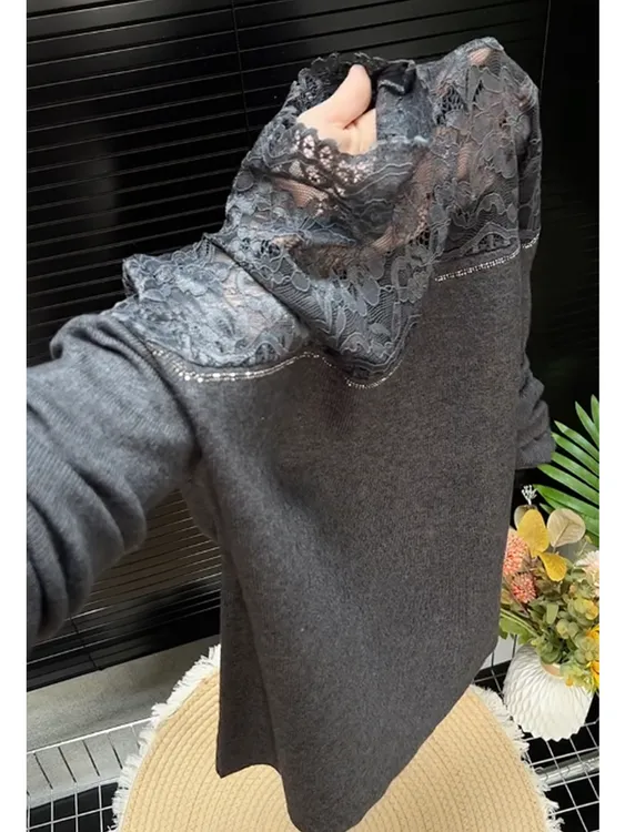 灰色韩版蕾丝拼接高领长袖打底衫女2025秋冬新款修身性感针织毛衣