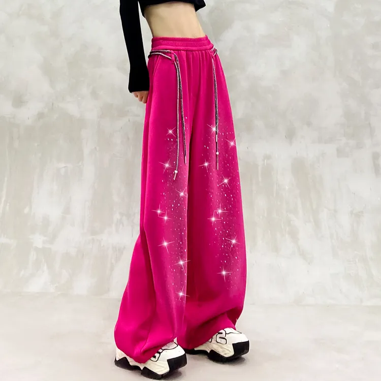 个性烫钻设计垂感加绒休闲裤女冬新款高腰宽松显瘦百搭直筒阔腿裤