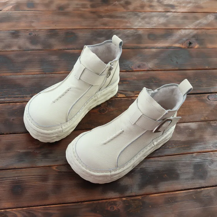 手工原创真皮松糕女短靴丑萌大头款厚底牛皮女鞋百搭女靴子马丁靴