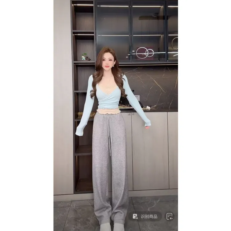 曼曼【暖冬之行~】韩版软糯加绒抽绳休闲阔腿裤66835#