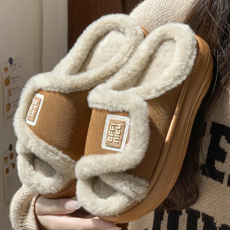 新款百搭魔术贴棉拖鞋女冬季家居加绒保暖舒适厚底防滑增高棉拖鞋