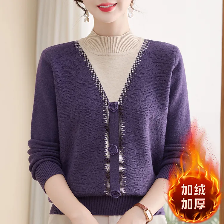 妈妈装冬季加绒加厚毛衣半高领中老年女一体绒保暖打底衫#25272