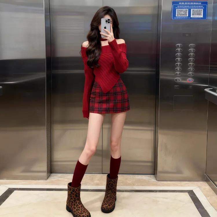 红色圣诞氛围感穿搭毛衣半裙两件套女秋冬超火穿搭新年战袍一整套