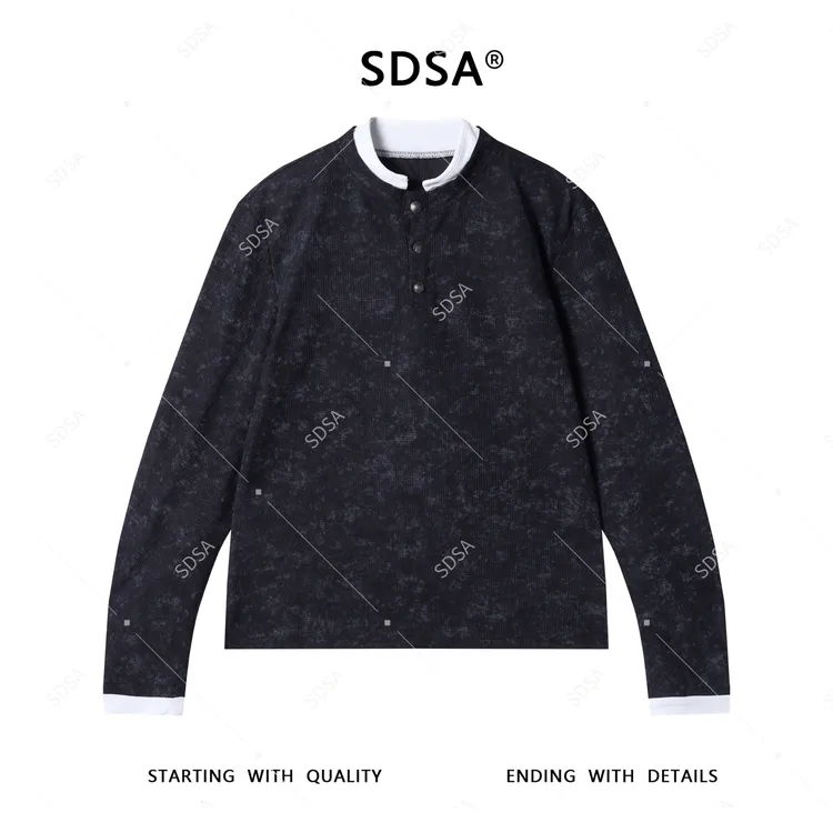 SDSA夏季新款男士痞帅美式扎染半纽扣圆领假两件长袖T恤百搭时尚