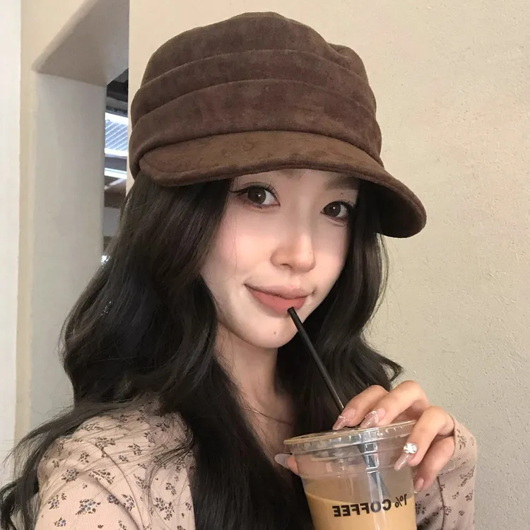 时尚纯色马术帽麂皮绒平顶鸭舌帽女休闲百搭日系春秋八角帽显脸小