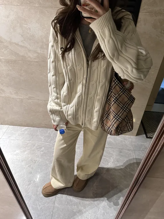 美式复古连帽针织开衫女早春季双拉链麻花毛衣外套慵懒学院风上衣